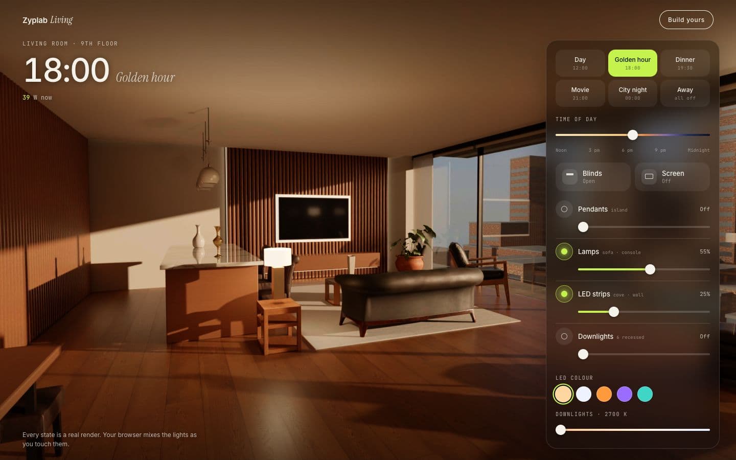 zyplab-living.vercel.app: scenes, time, blinds, dimmers, LED colour.