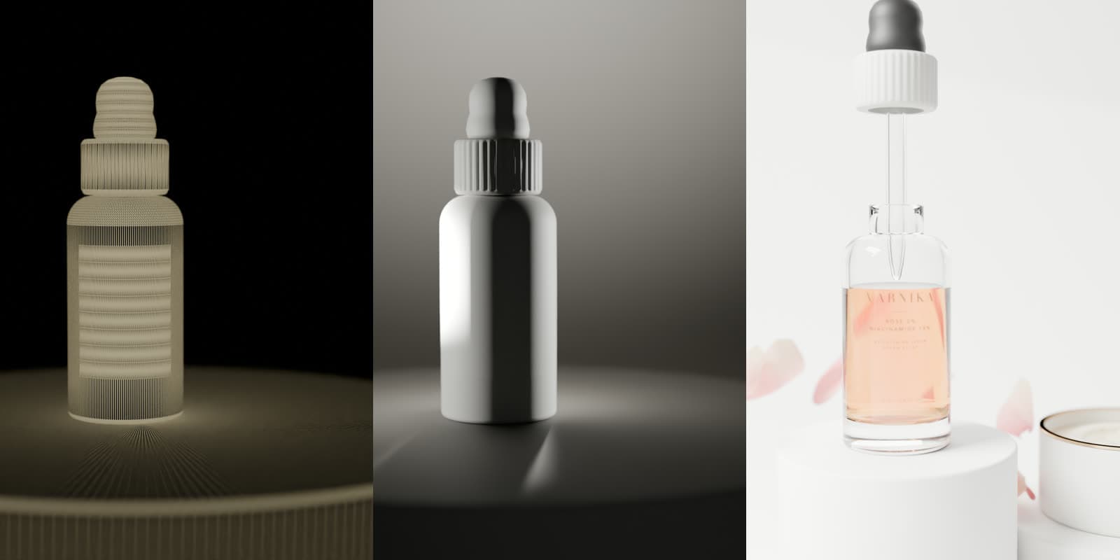 The serum bottle as wireframe, as clay, and finished.