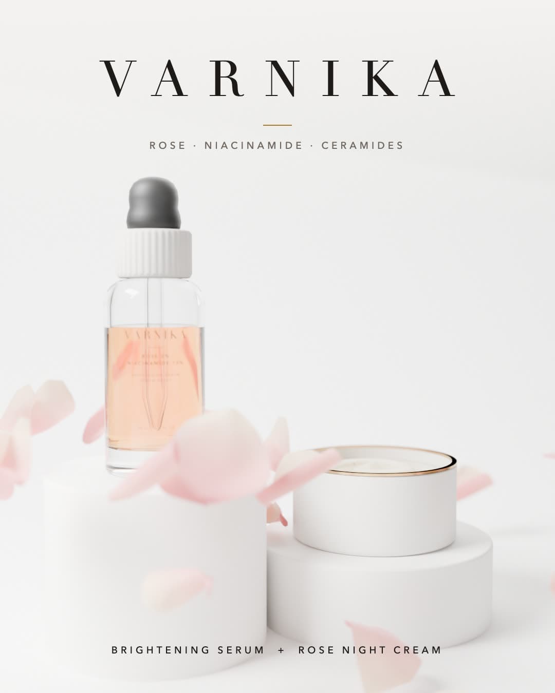 VARNIKA serum and night cream on white stone