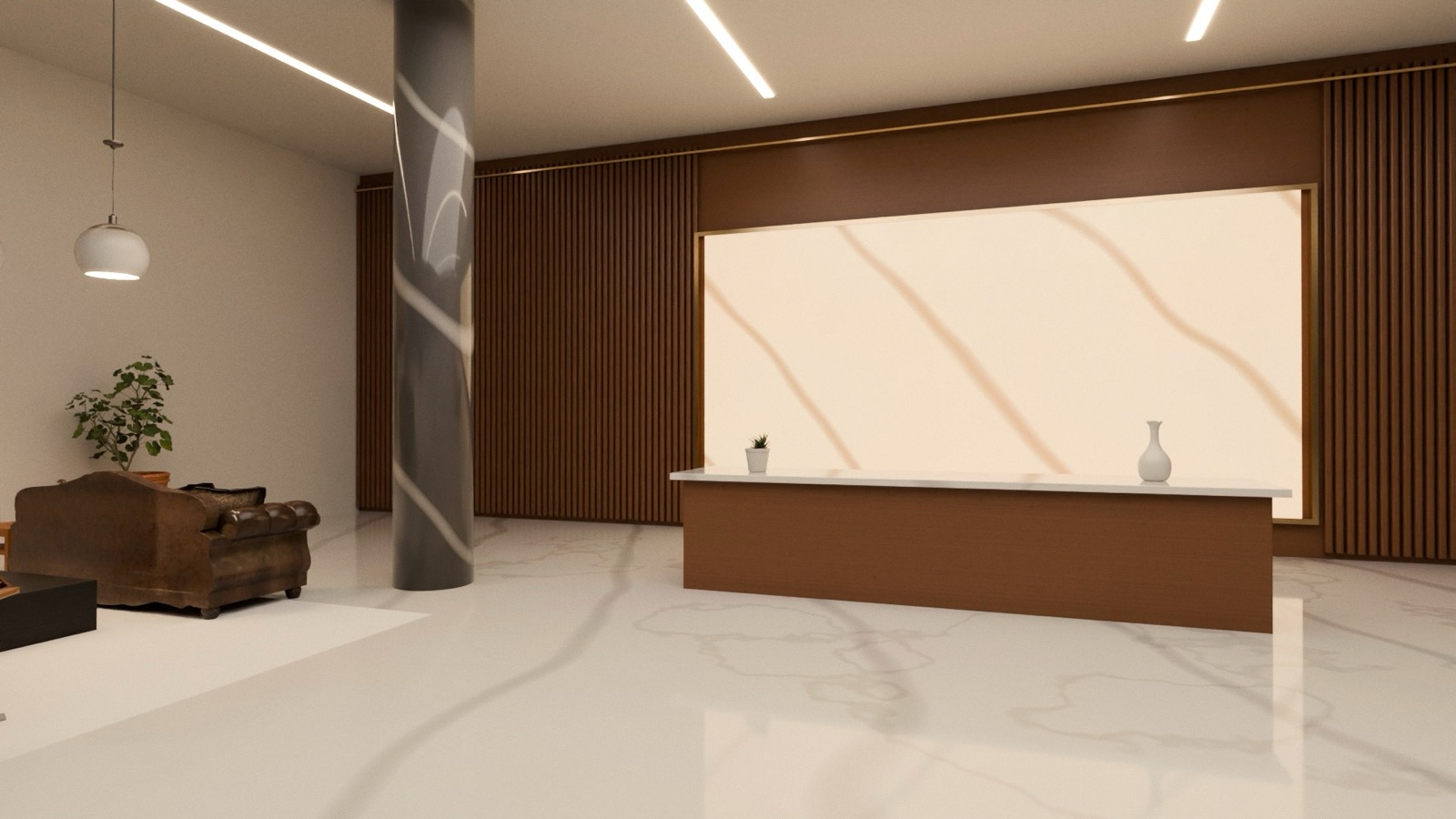 Lobby: marble, walnut, backlit onyx
