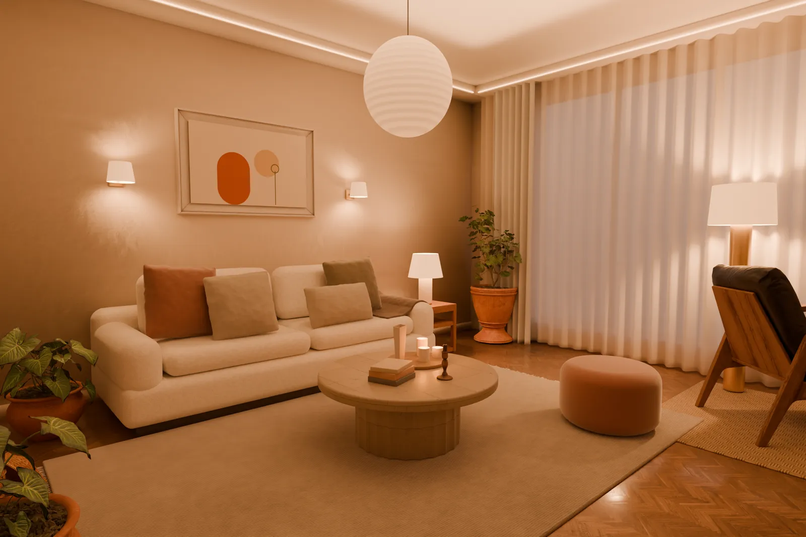 The Warm Majlis living room in the evening: cream sofa, stone coffee table, paper lantern and warm cove light