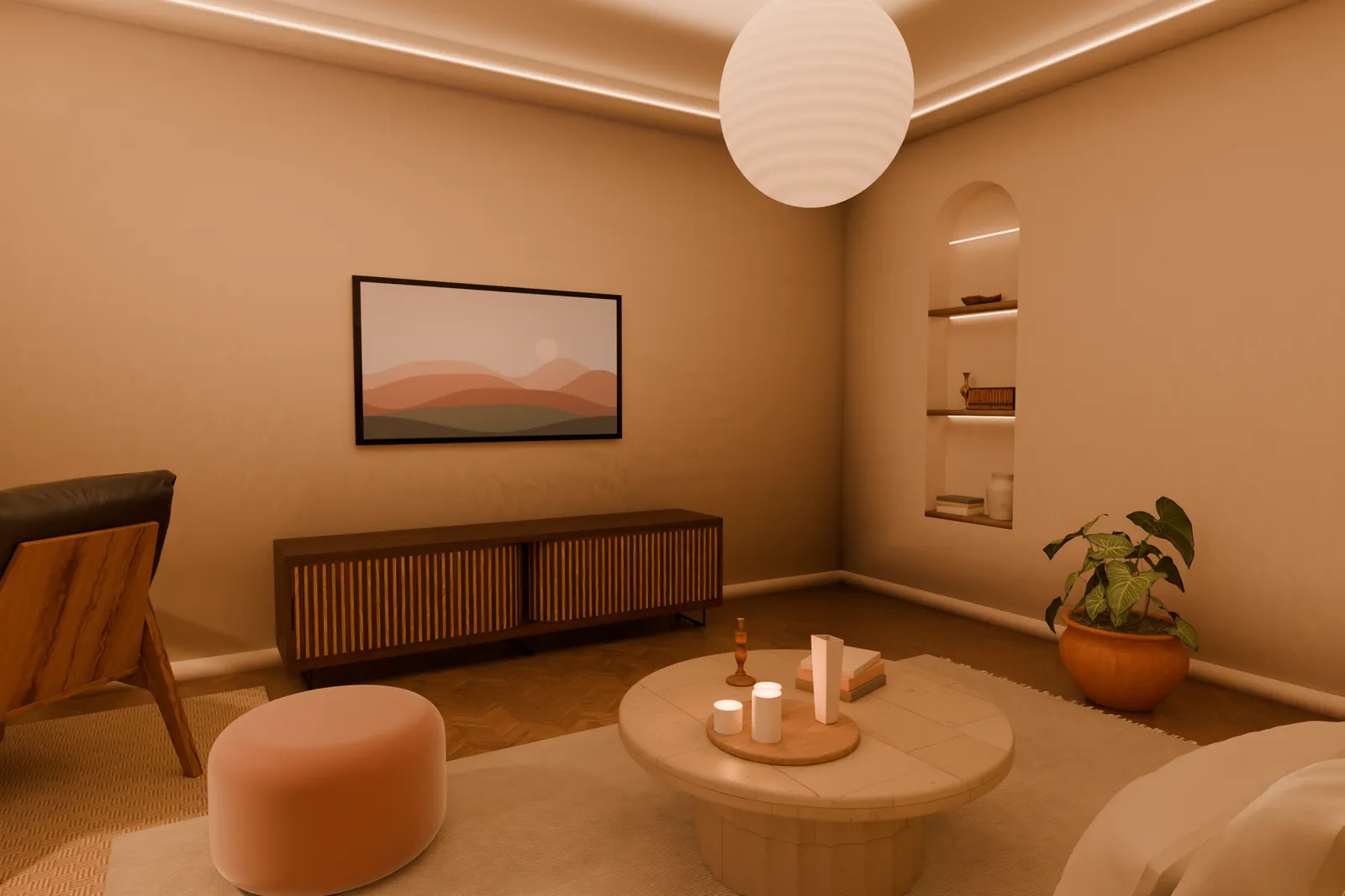 The media wall: oak bench, frame-style TV and lit arched niches