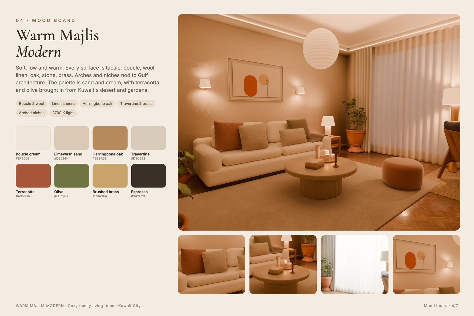 Mood board: the Warm Majlis palette of cream, sand, oak, travertine, terracotta, olive, brass and espresso